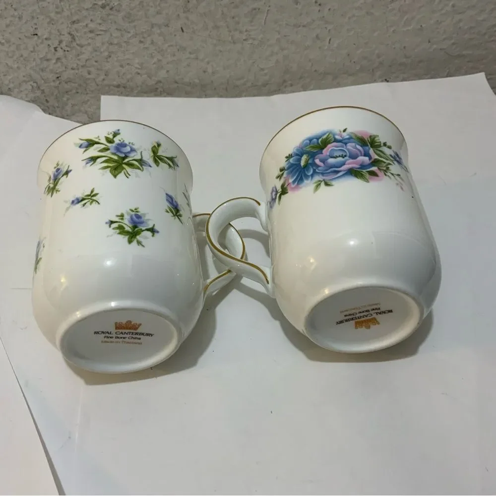 Royal Canterbury Blue Roses Green Leaves Gold Tone Trim 2 Coffee Mug / TeaCups